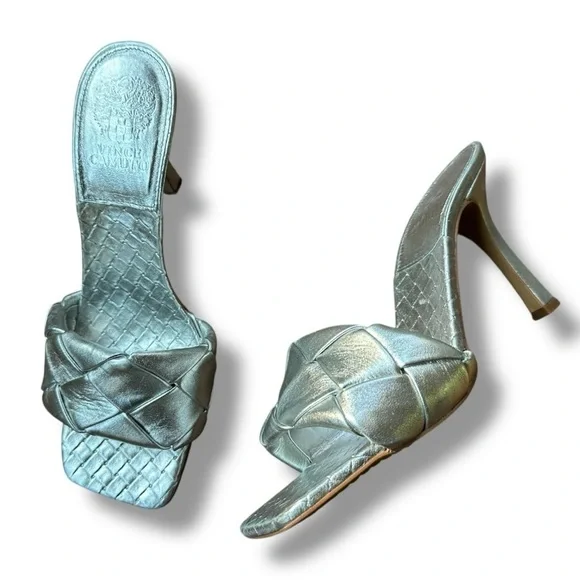 Vince Camuto Brelanie Silver Leather Braided Strap Heeled Slide Sandals | 8.5 - Picture 11 of 15
